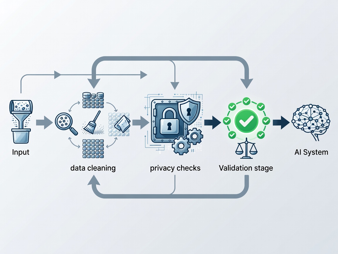 A flowchart demonstrating the necessary steps before implementing AI, highlighting data cleaning and privacy checks