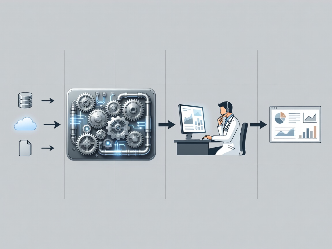 Diagram showing data extracted from multiple sources, cleaned via an automated pipeline, and reviewed by a human before dashboard publication