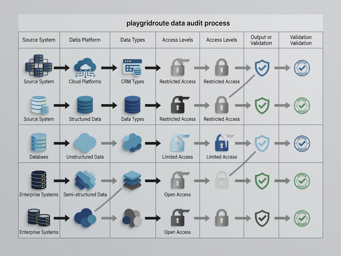 A table mapping out a data audit process, indicating source systems, data types, and access levels
