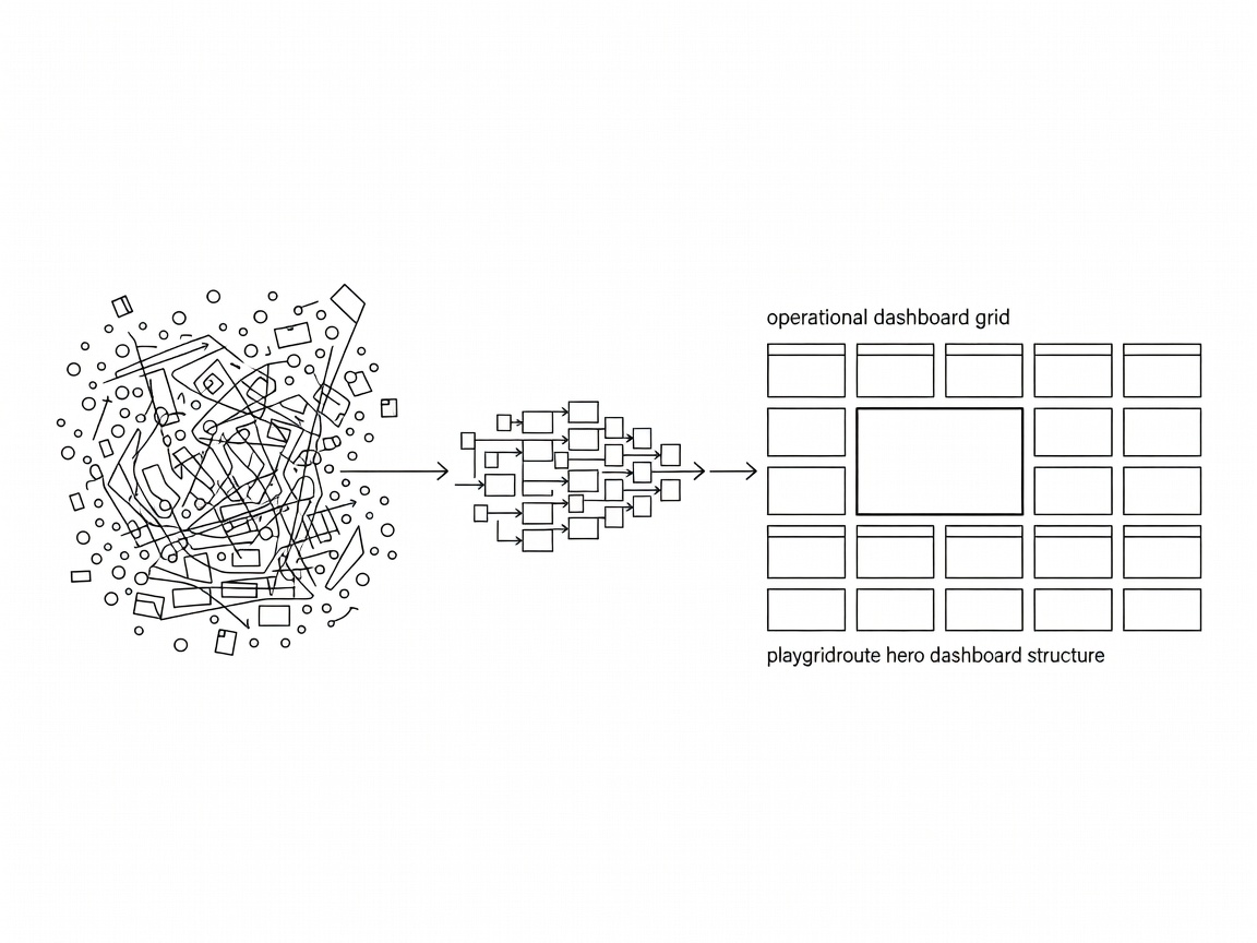 A conceptual wireframe showing disorganized data files pointing towards a clean, structured operational dashboard grid
